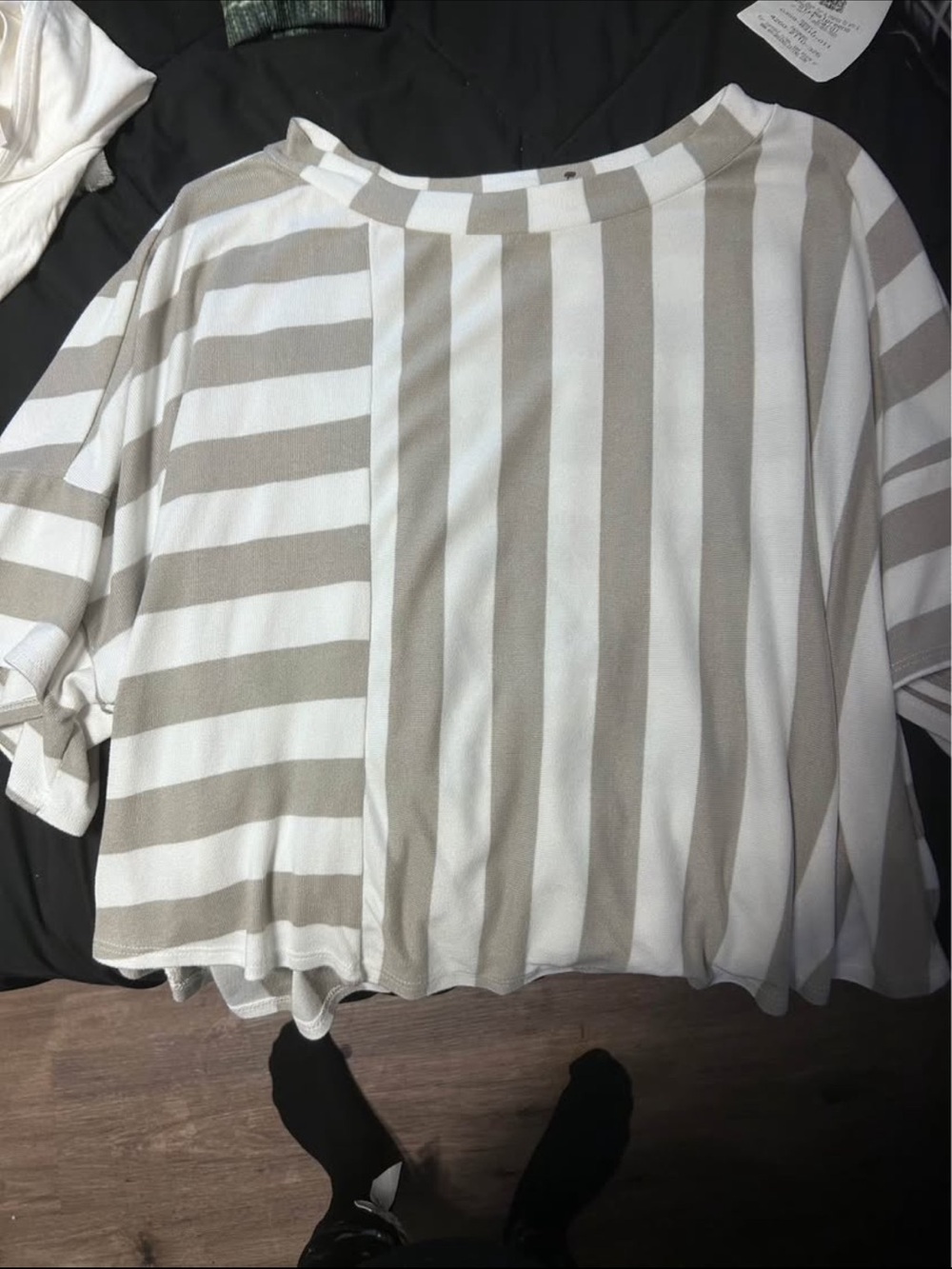 Boxy Long-Sleeve Striped Top - Taupe/White